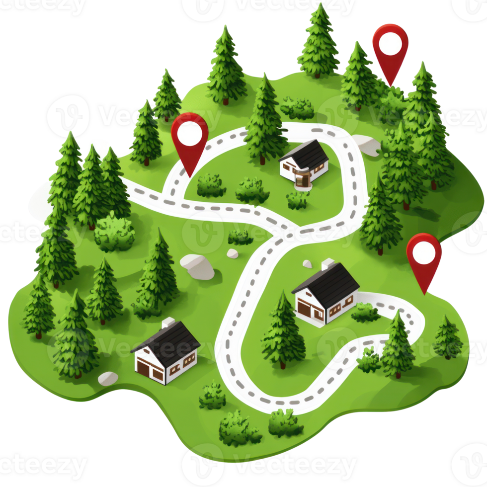 Illustration of a winding road with houses and trees in a green landscape with location markers png