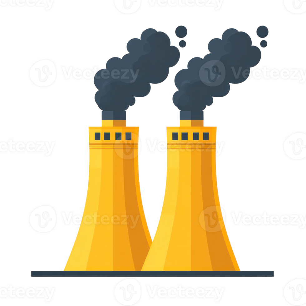 Power plant with cooling towers emitting smoke against a white background png