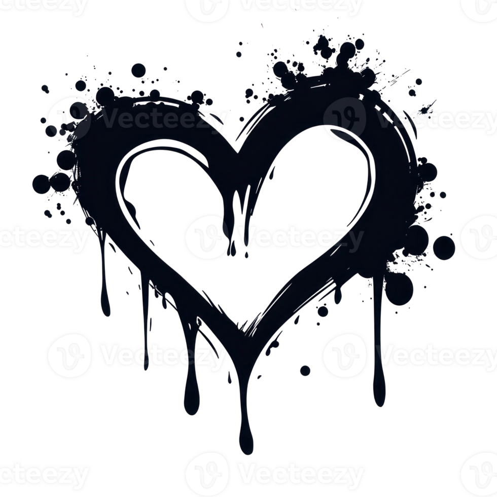 Bold black heart design with splashes and drips on a white background png