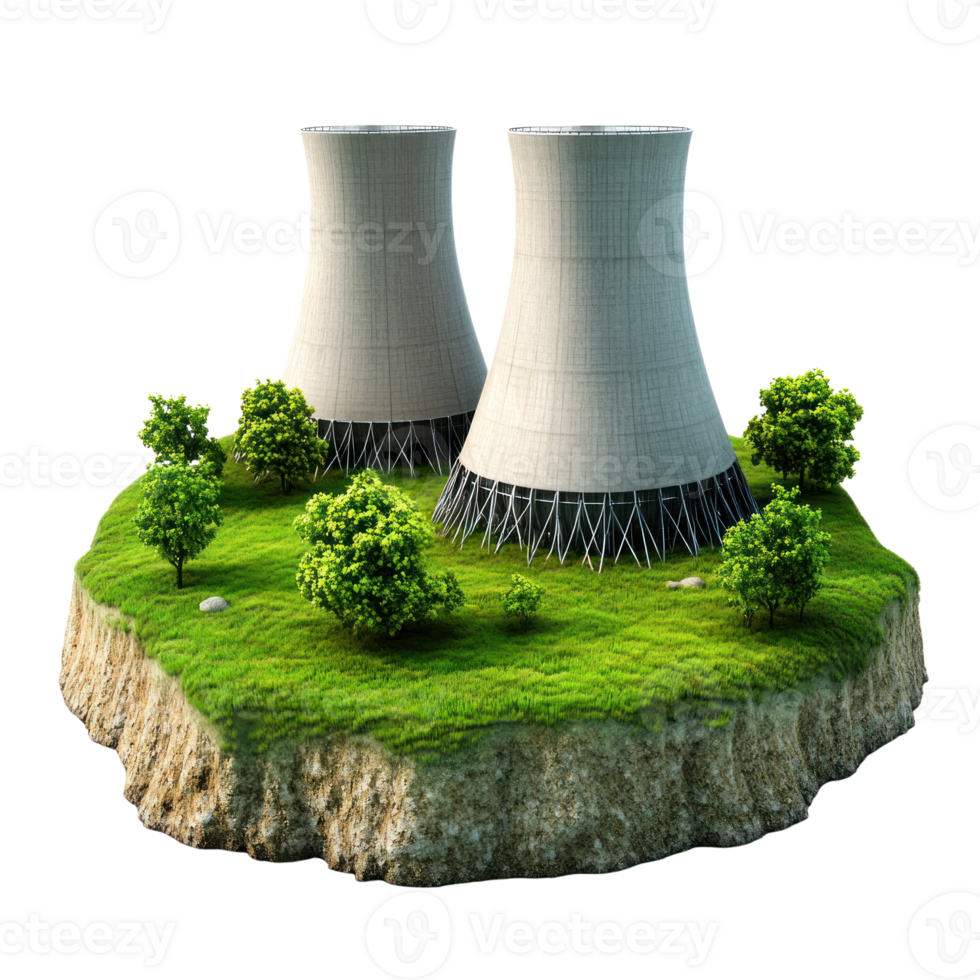 Cooling towers surrounded by greenery on an isolated landmass during daylight png