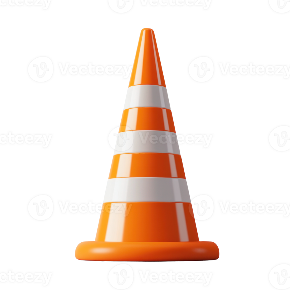 Bright orange traffic cone with white stripes placed on a plain background for construction use png