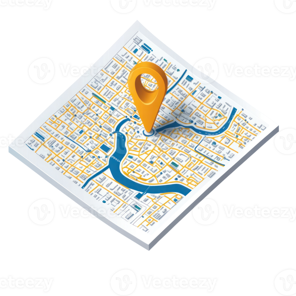 Detailed isolated map with location pin highlighting an urban area near a winding river png