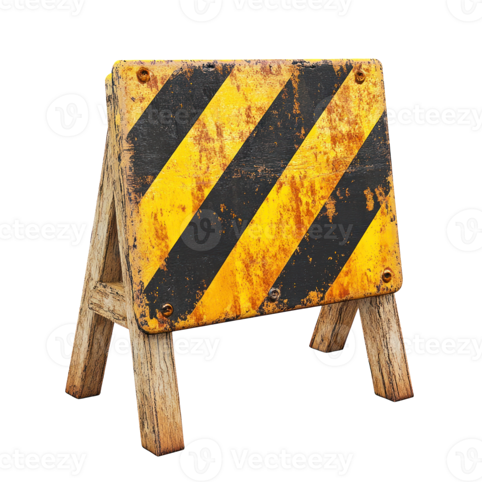 Weathered caution sign with yellow and black stripes on wooden frame in a construction area png