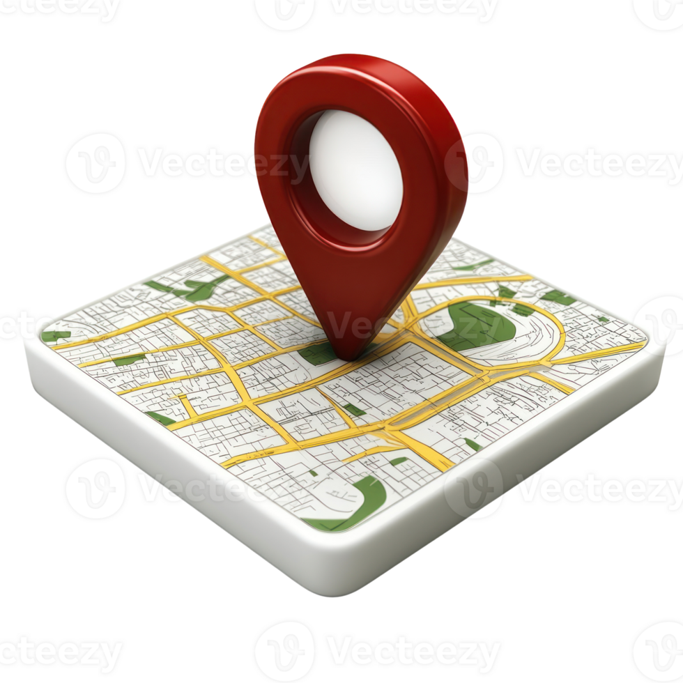 Map marker with location details situated on a green and yellow map design for navigation or planning png
