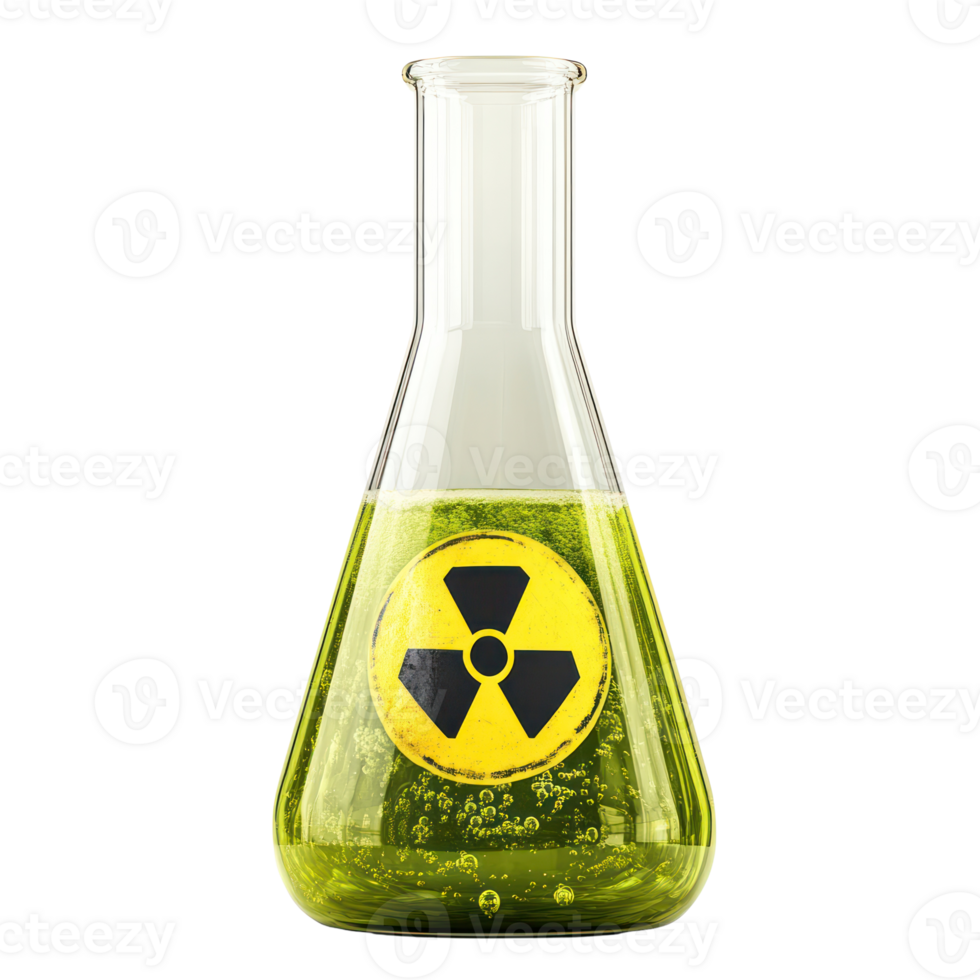 Bright green liquid in glass flask with radiation symbol on display, highlighting hazardous science png