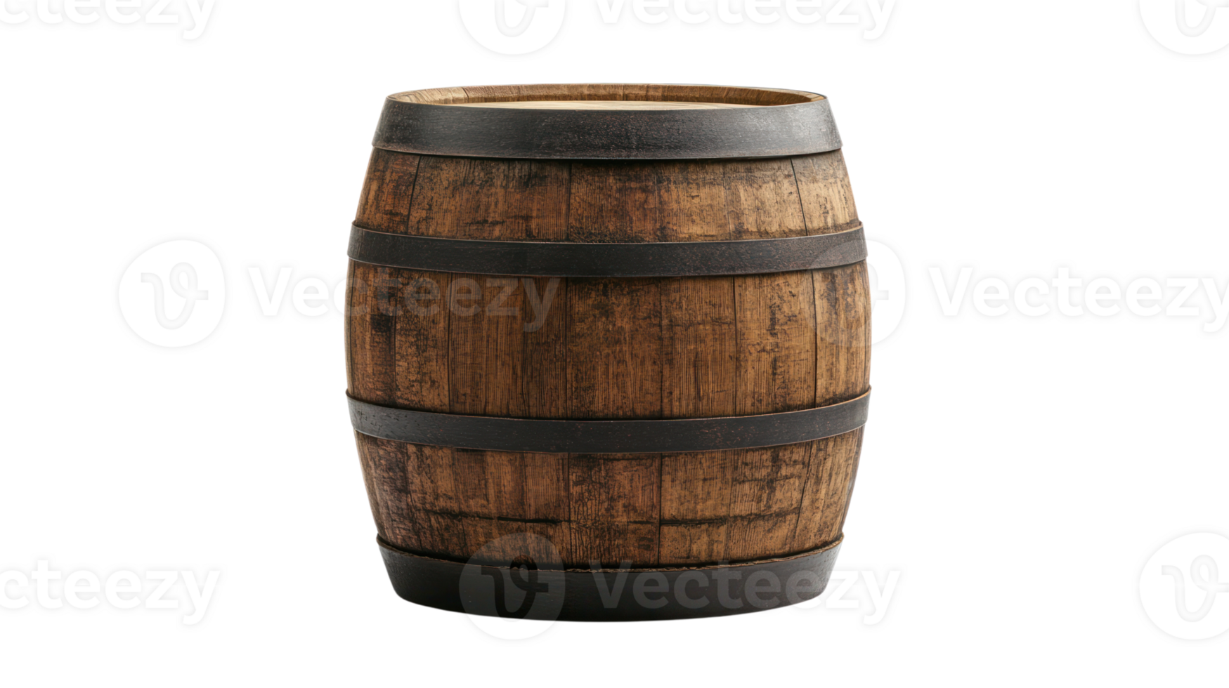 Rustic wooden barrel with metal bands suitable for decoration or storage in any setting png