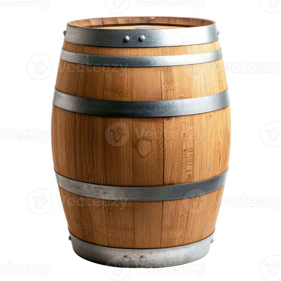 Wooden barrel with metal bands, perfect for rustic decor or storage in kitchens and dining areas png