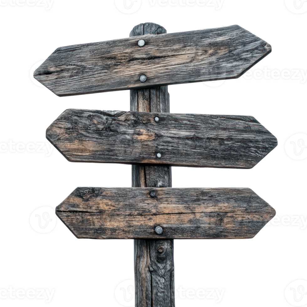 Weathered wooden signpost with multiple arrows indicating different directions in a scenic landscape png