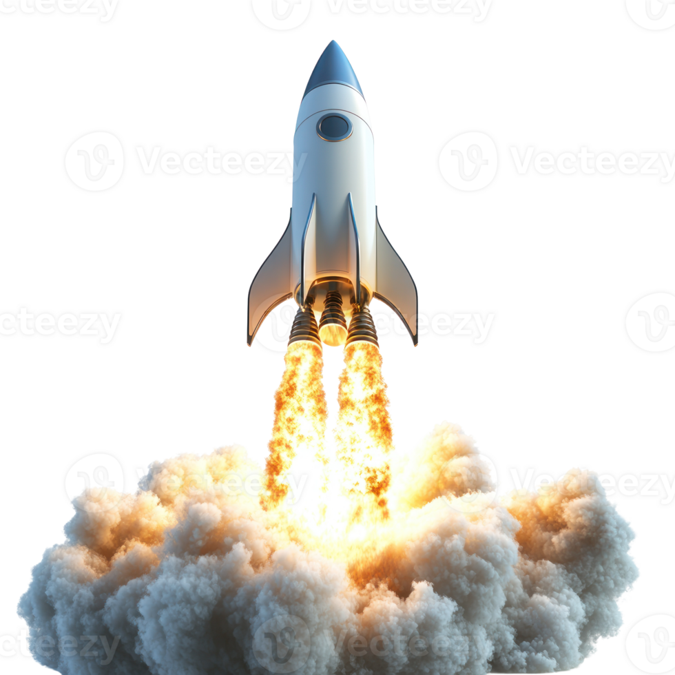 Rocket launching into the sky with fiery exhaust and smoke in a clear atmosphere png