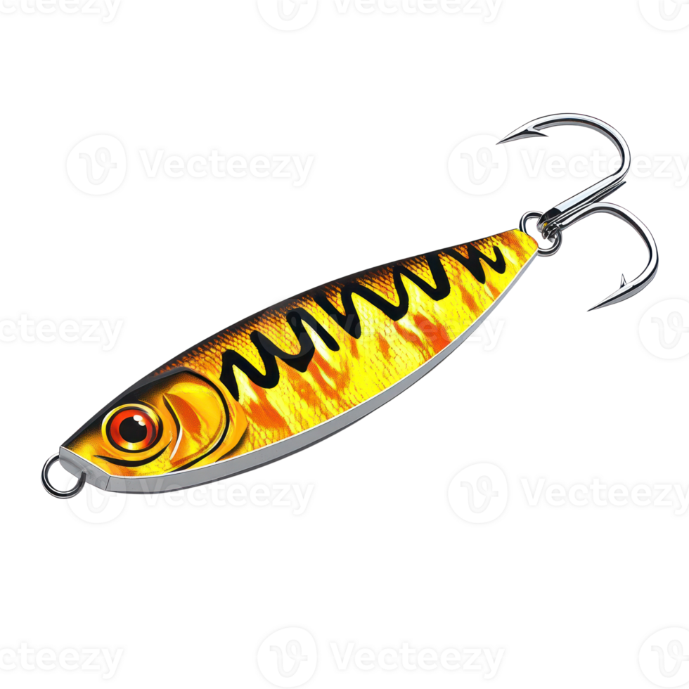 Brightly colored fishing lure with treble hooks suitable for attracting various fish species png