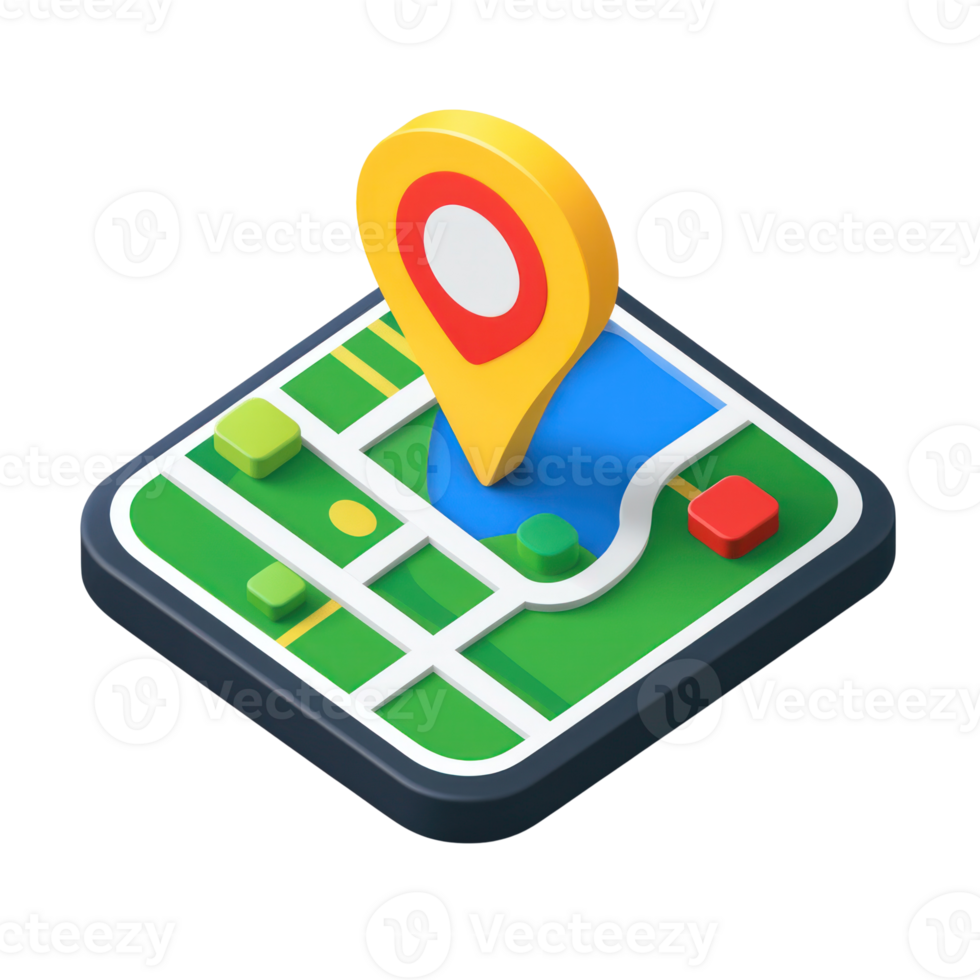Isolated 3D map design featuring a location pin on a green park landscape with paths and buildings visible png