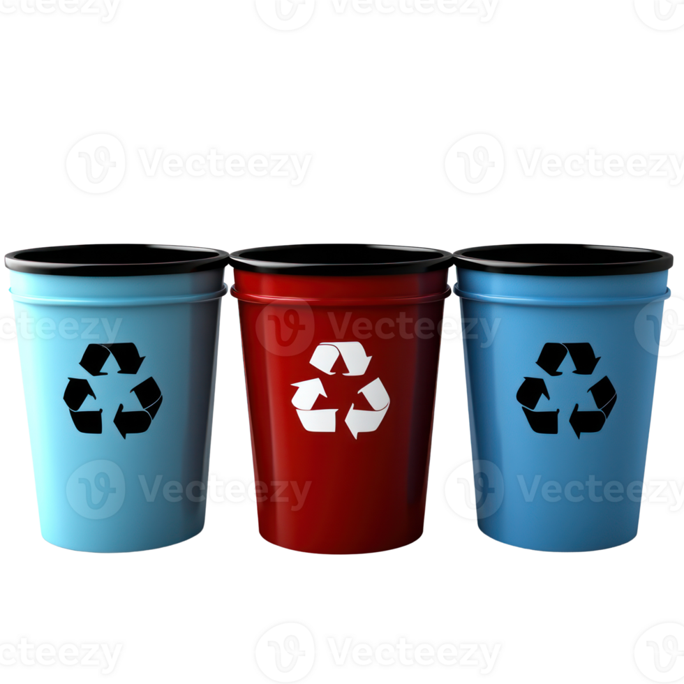 Colorful recycling bins arranged in a row with clear recycling symbols representing environmental efforts png