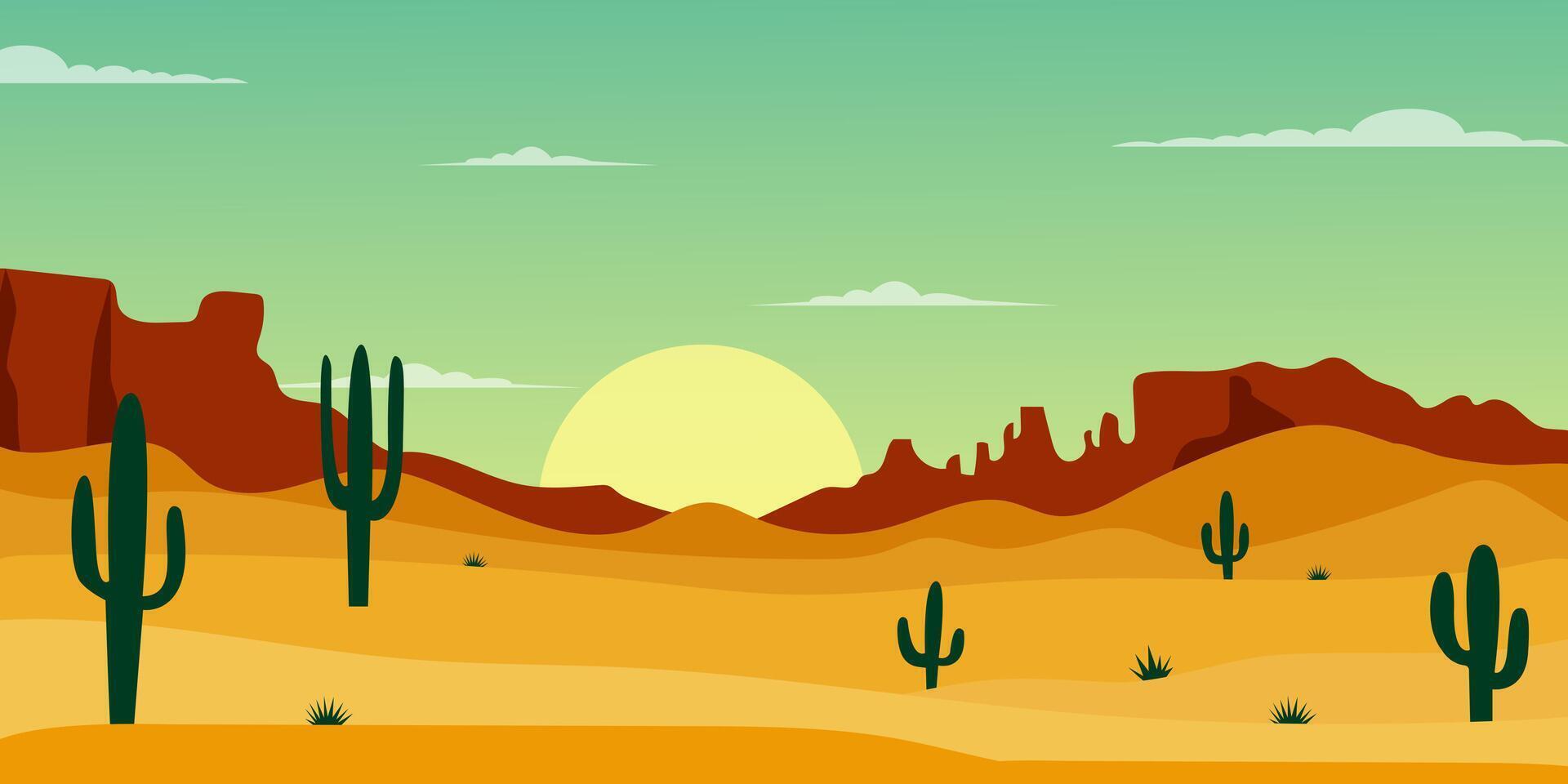 Breathtaking sunset over a desert landscape with cacti and distant mountains in a serene atmosphere vector