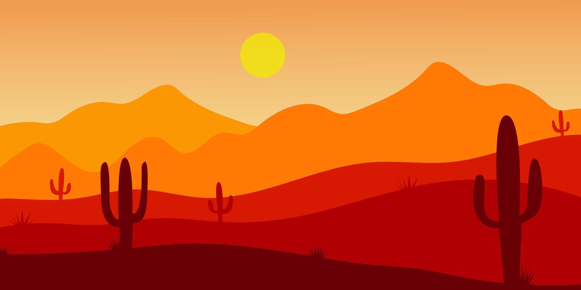 Sunset over desert landscape with silhouetted cacti and distant mountains viewed during twilight hours vector