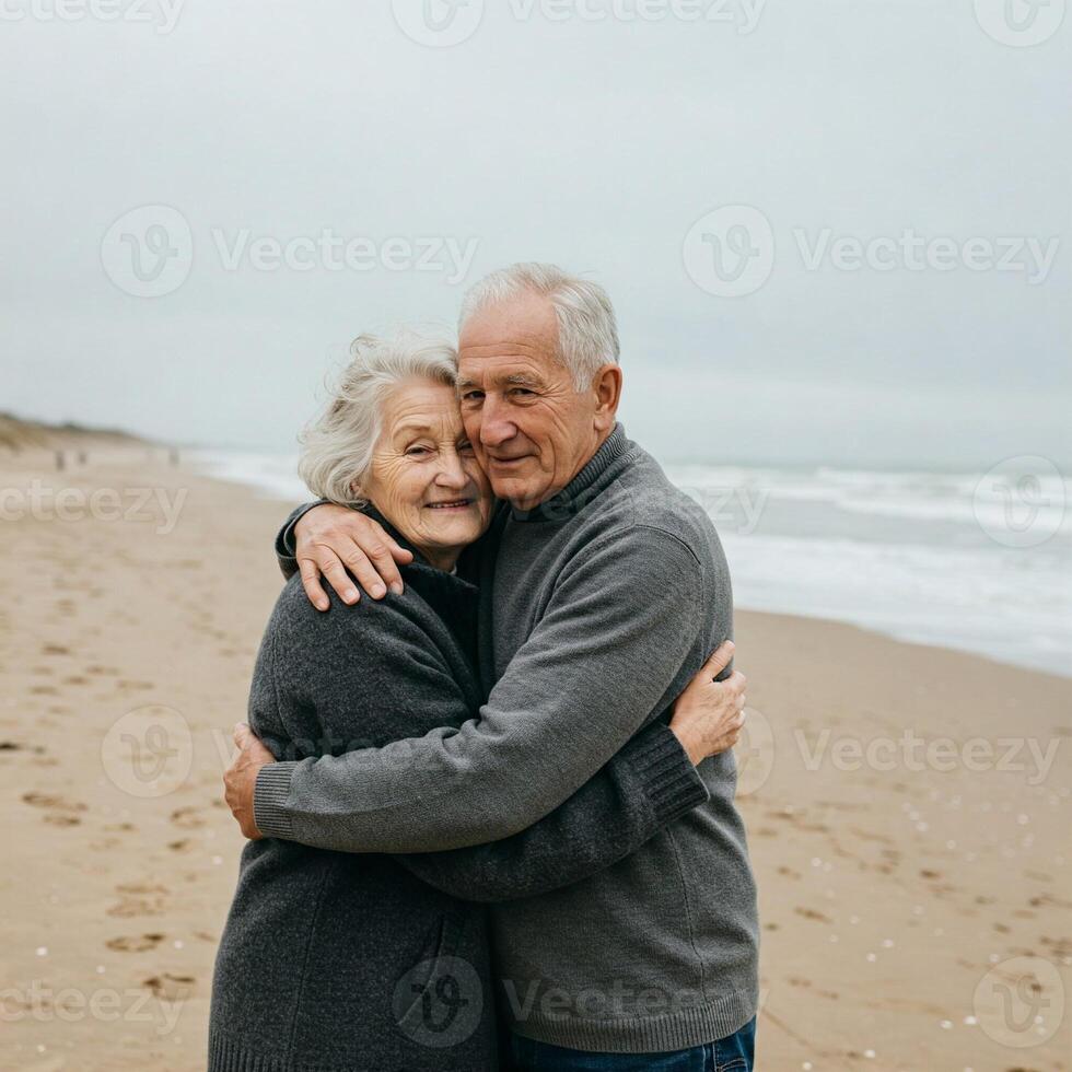 Affectionate Senior Couple Embracing on a Coastal Beach Under Overcast Sky photo