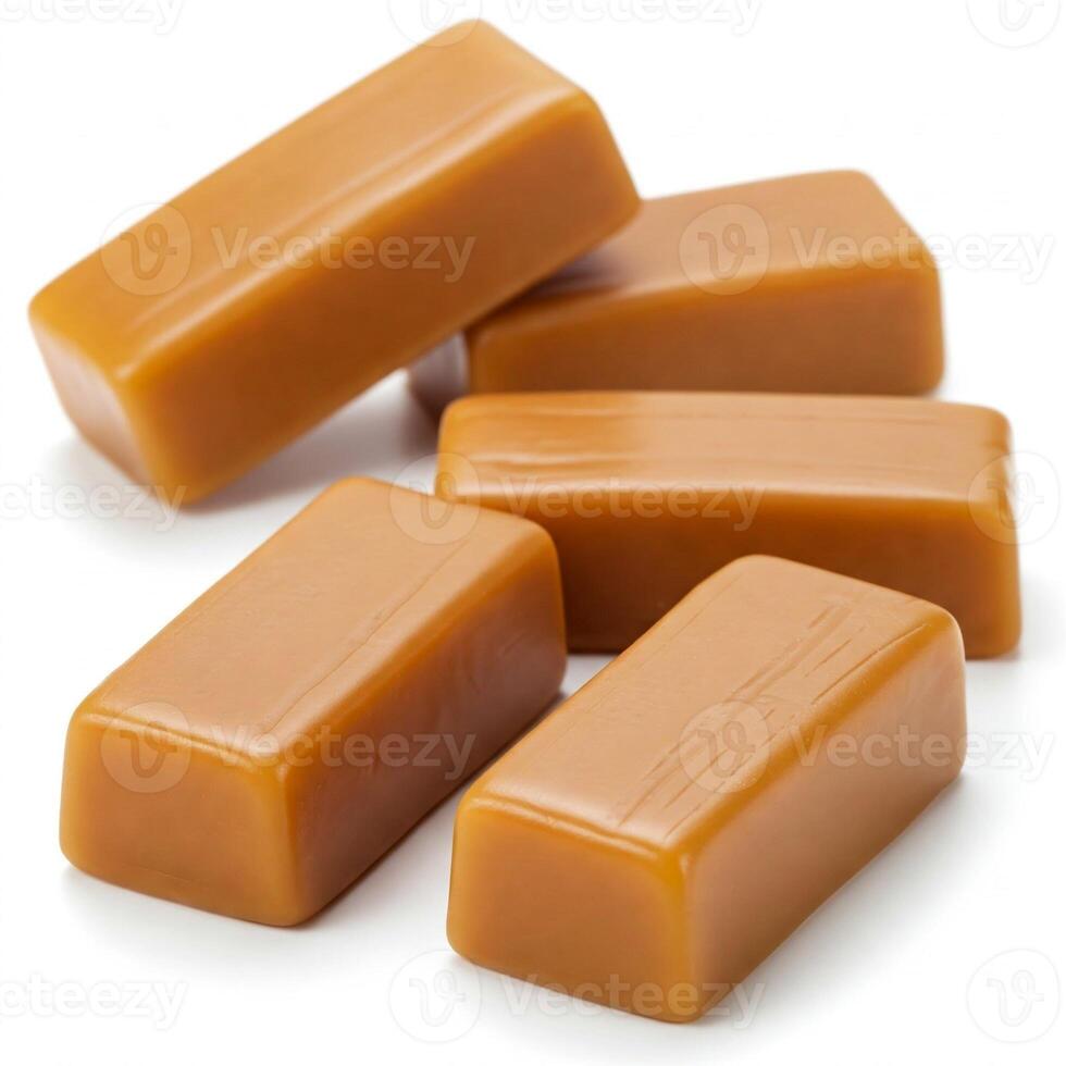 Four pieces of caramel candy on a white surface photo