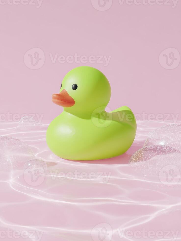 Minimalist lime green rubber duck on pink background for modern decor and design photo