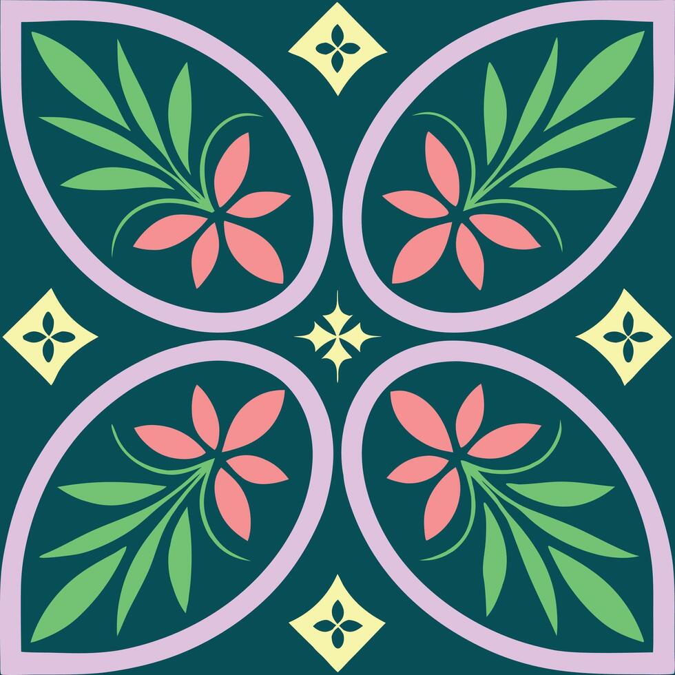 A decorative tile with pink and green flowers vector