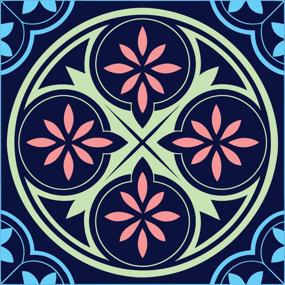 A blue and pink tile with a flower design vector