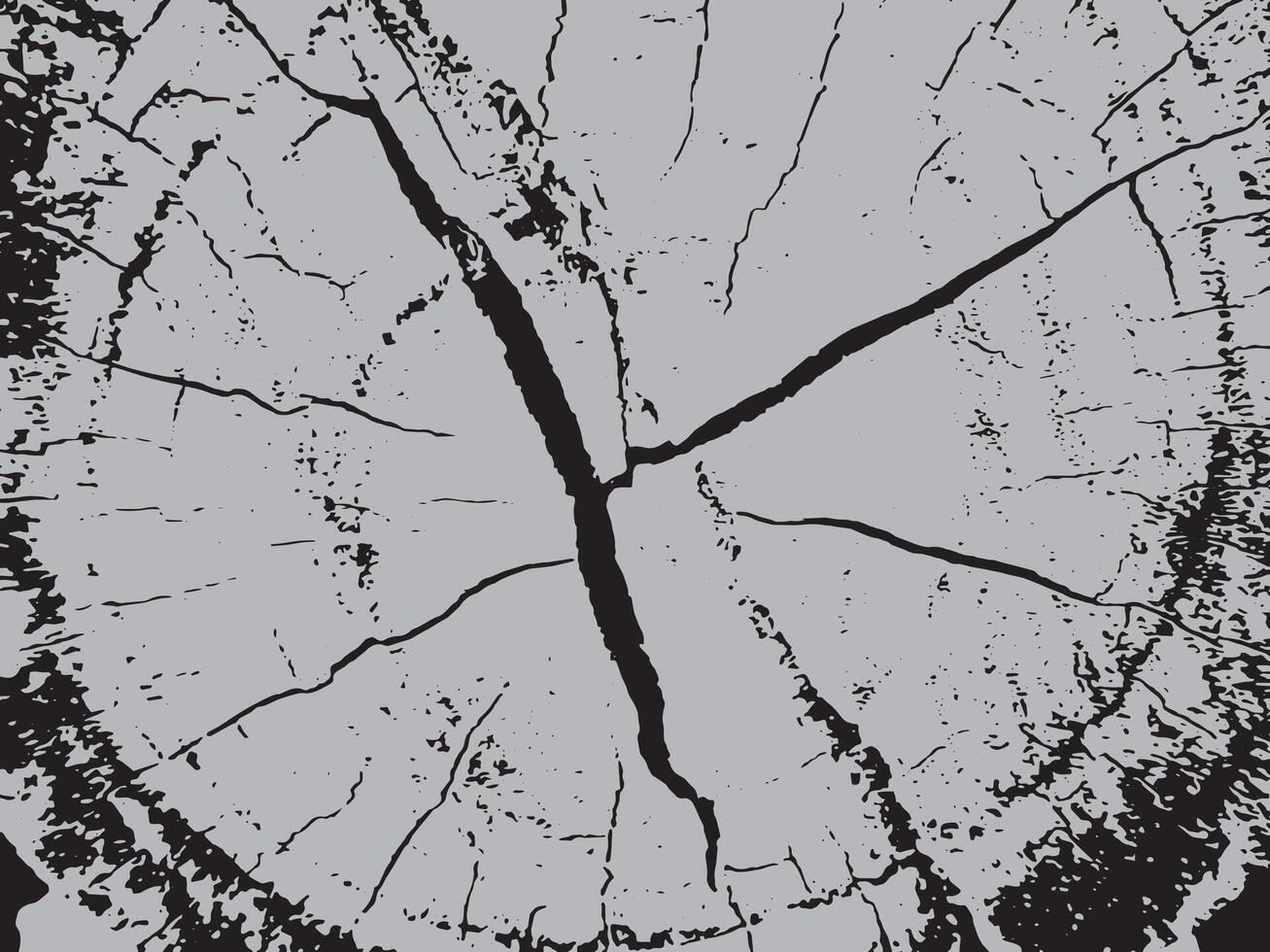 Detailed black and white silhouette of a cracked tree stump showing growth rings and texture vector