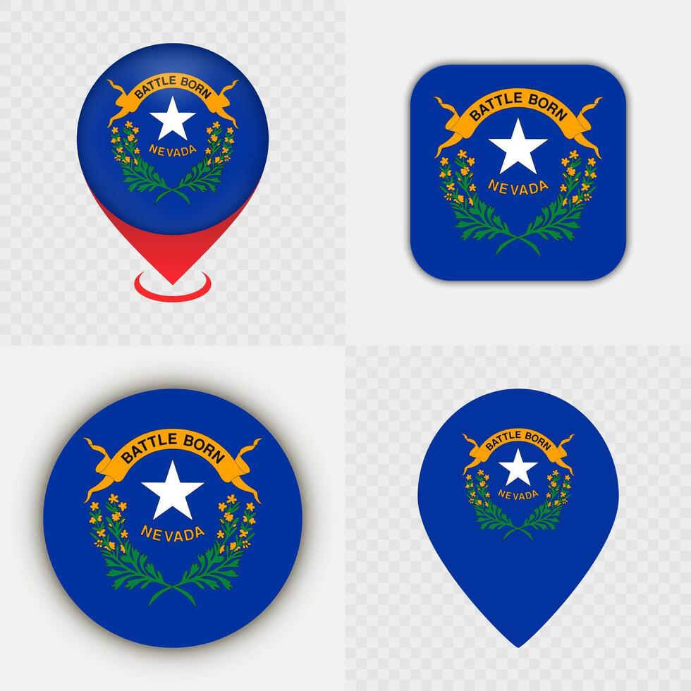Set of Nevada State Flag Icons and Map Pins. vector