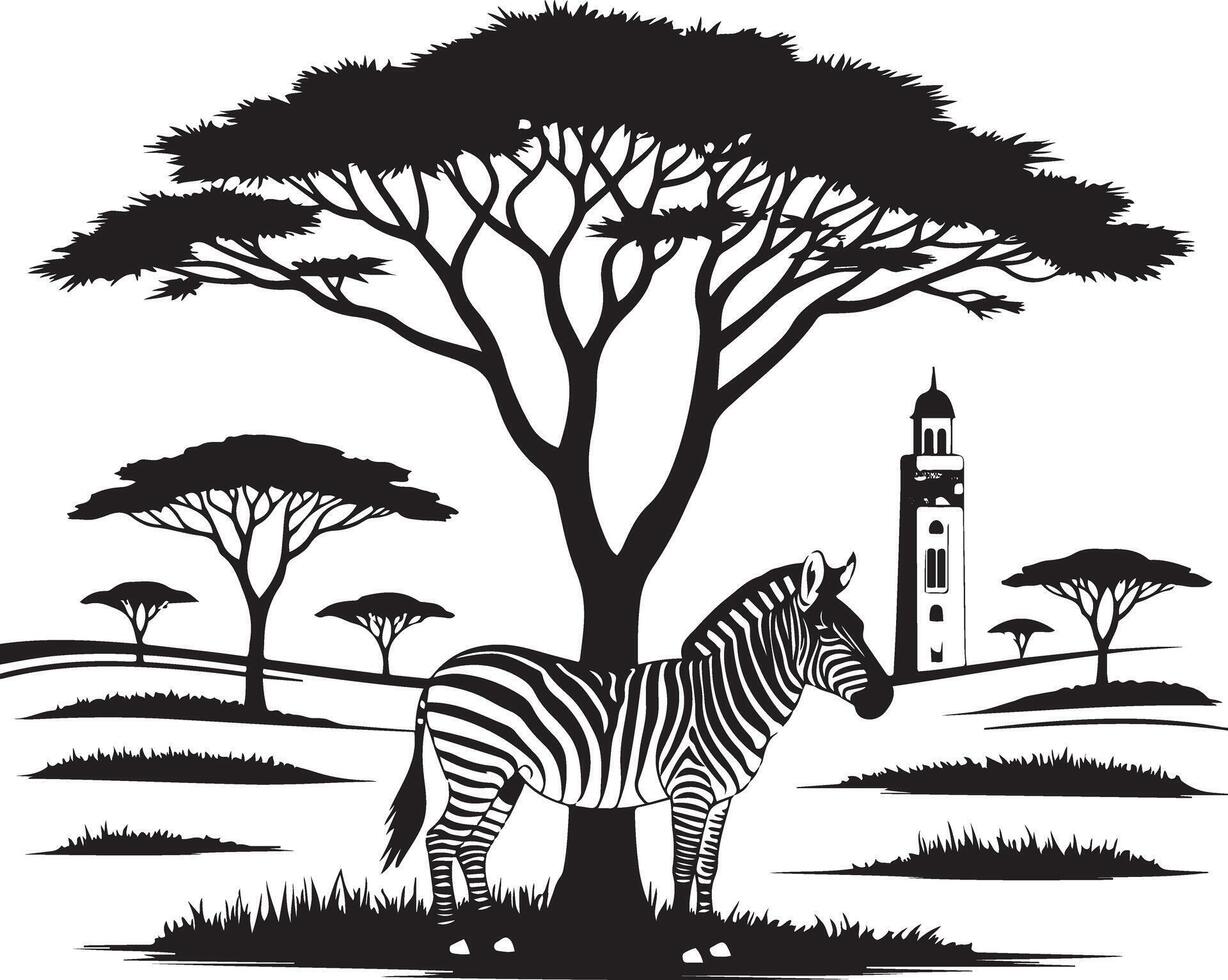 African Zebra Silhouette Under Tree Illustration vector