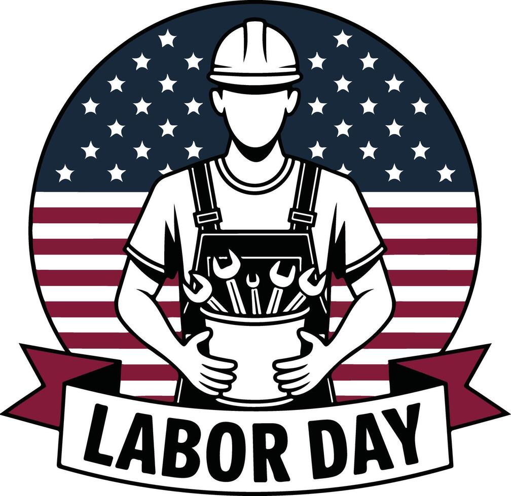 Labor Day Worker Illustration Hard Hat, Tools, Stars Emblem Design vector