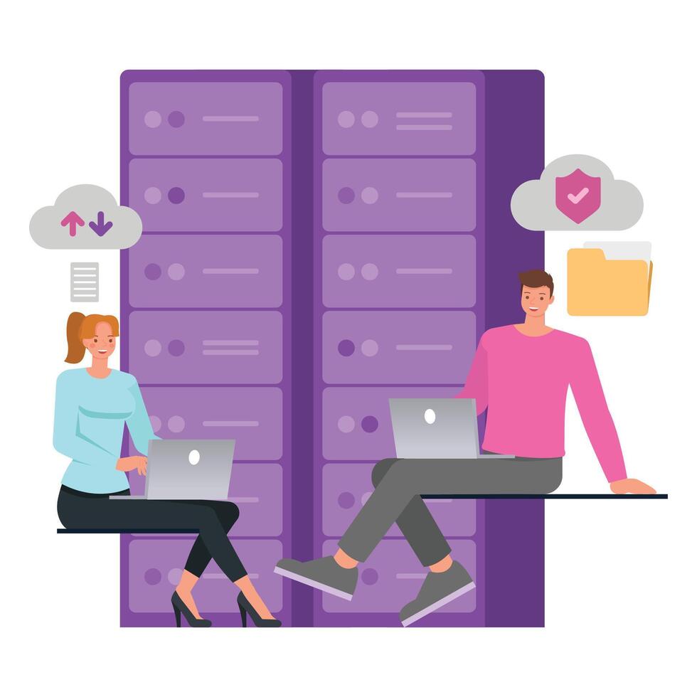 Professionals working on cloud computing solutions vector