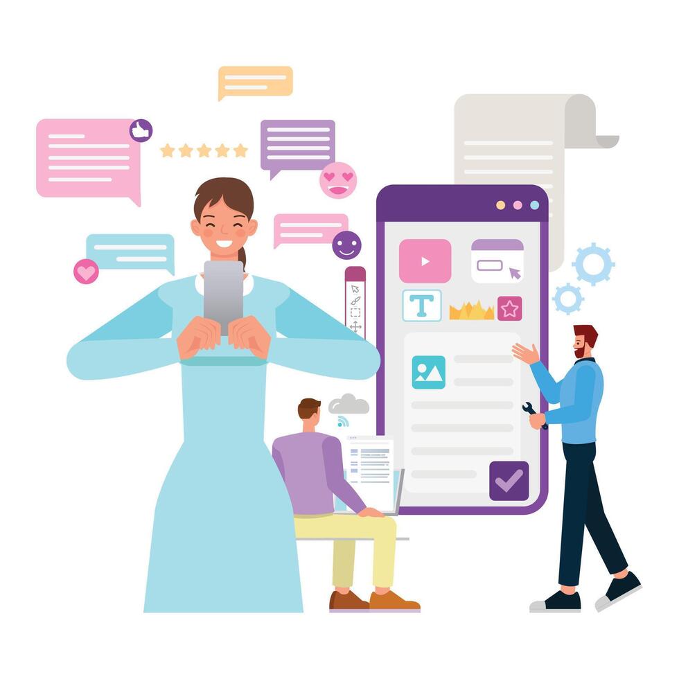 User experience illustration concept. Office man working on laptop to create website. Business people character design. vector