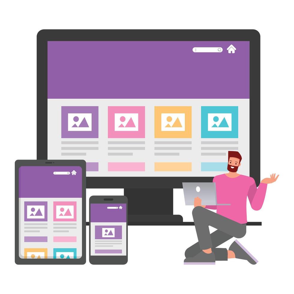 Web responsive design illustration concept. Office man working on laptop to create website. Business people character design. vector