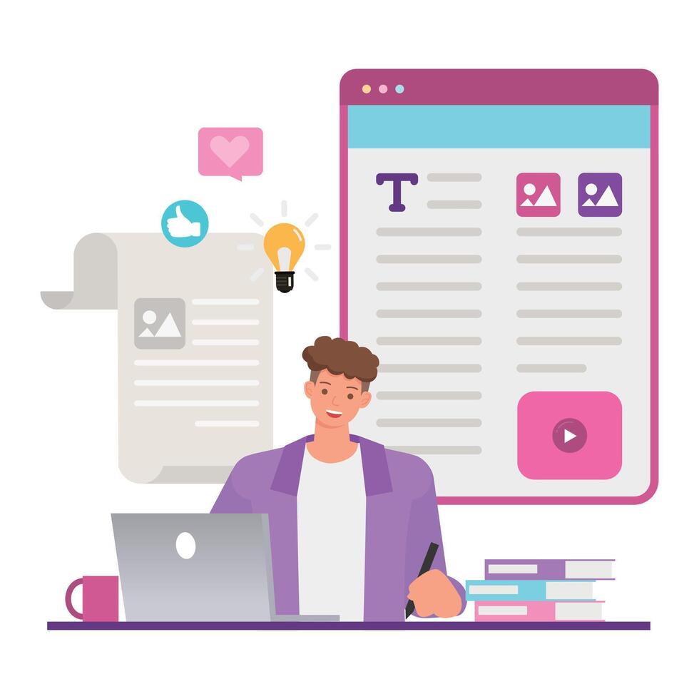 Web blog illustration concept. Office man working on laptop to create website. Business people character design. vector