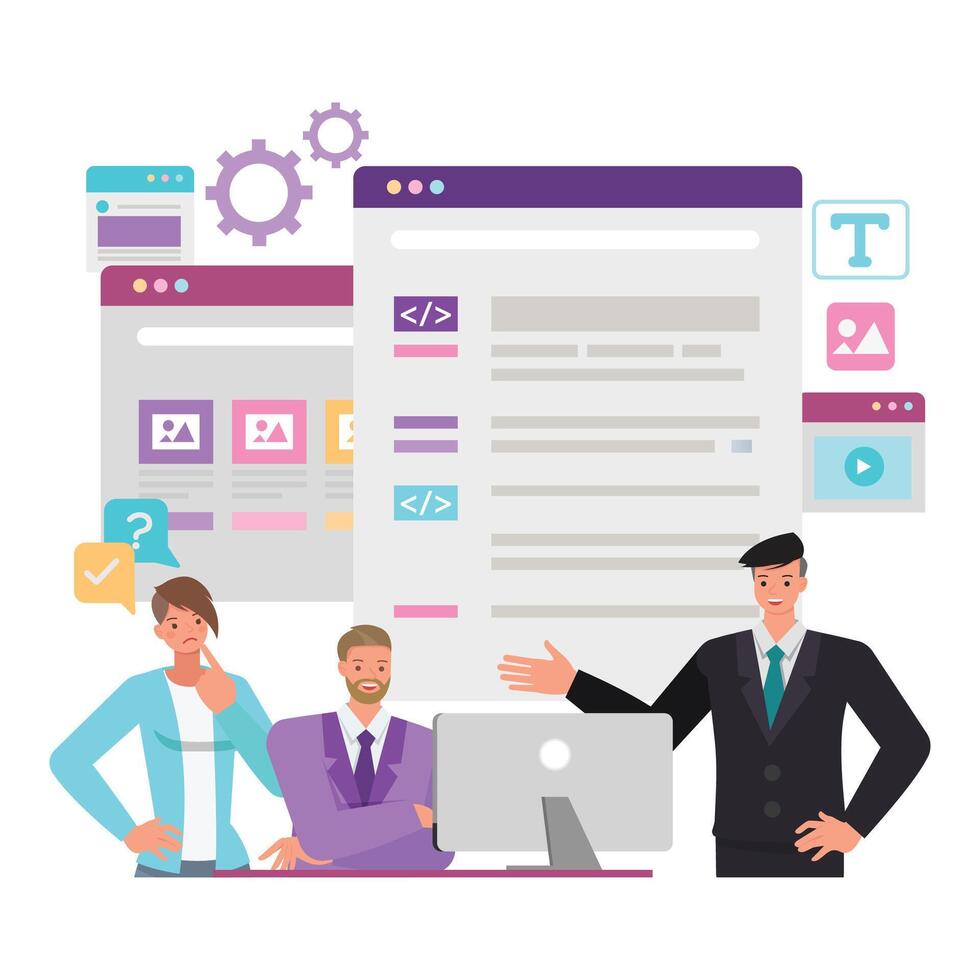 Web development illustration concept. Office man and woman working on computer to create website. Business people character design. vector