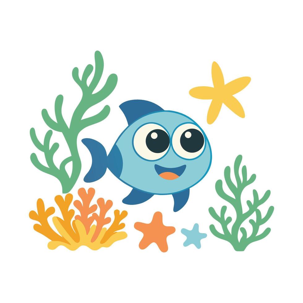 Cheerful blue fish with seaweed and starfish coral vector
