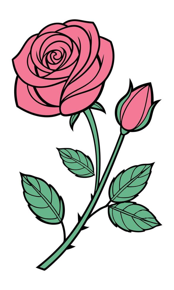 Pink rose blossom and bud on green stem rose bud leaves vector