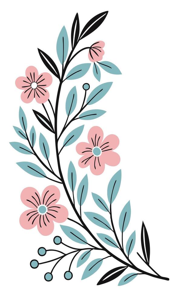 Stylized floral branch with pink flowers teal leaves vector