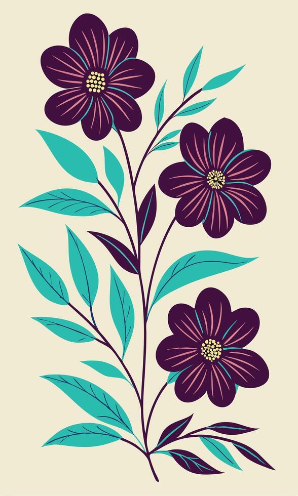Floral illustration featuring dark purple flowers and teal leaves vector