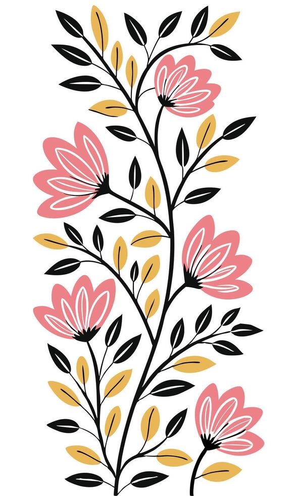 Pink floral branch with leaves pink flowers black leaves vector