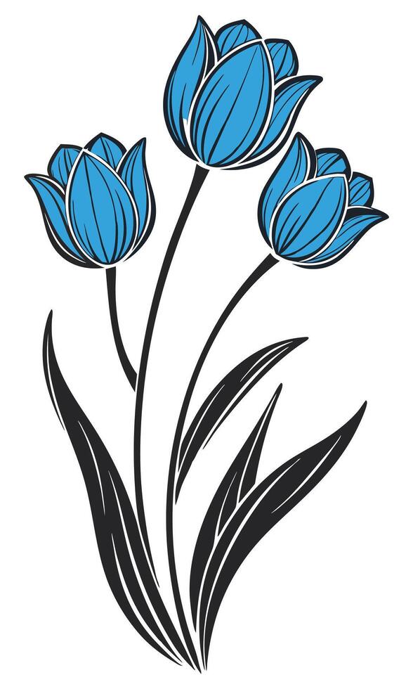 Stylized blue tulips with black outlines and leaves vector