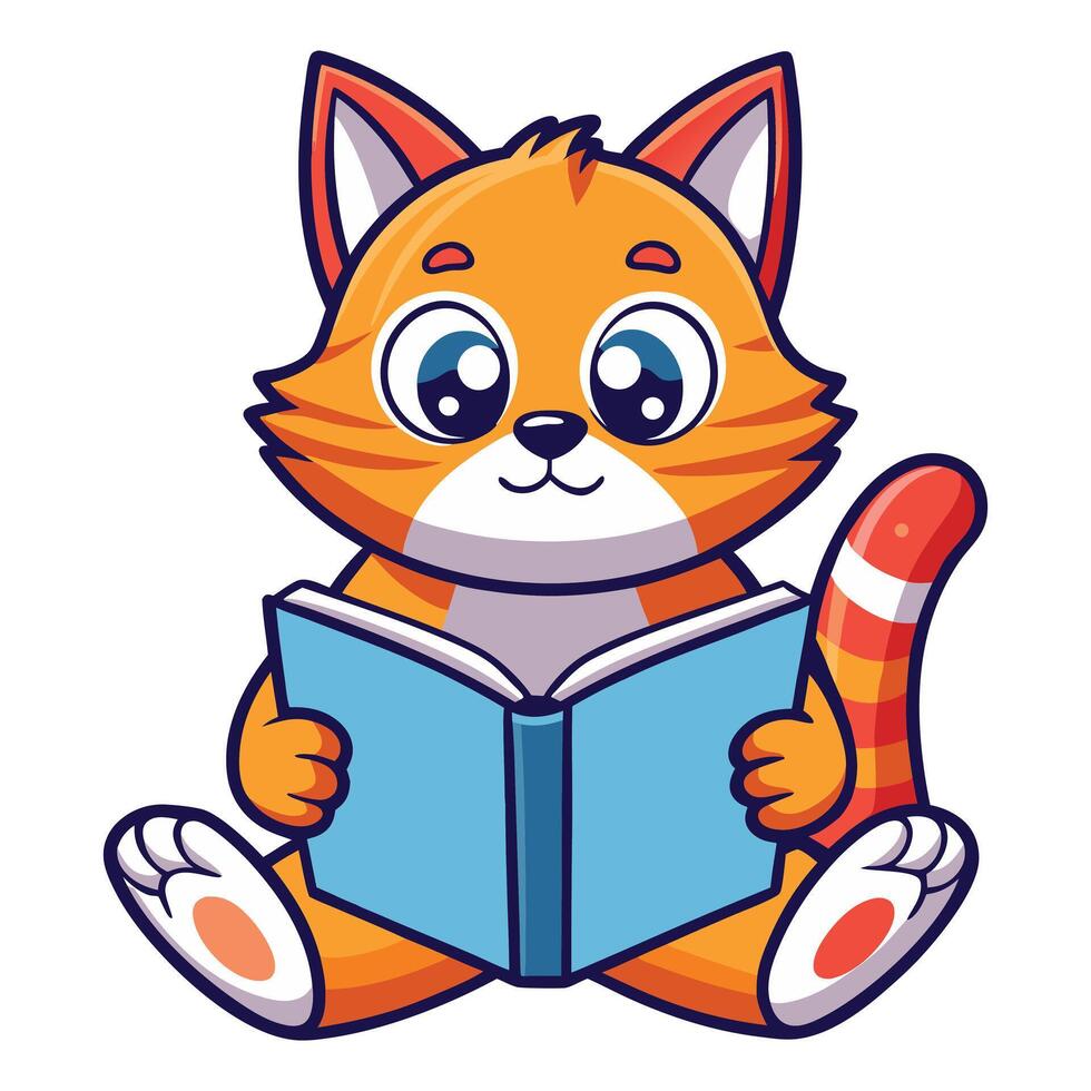 Cartoon Orange Cat Reading Blue Book, Big Eyes, Striped Tail, Sitting On White vector