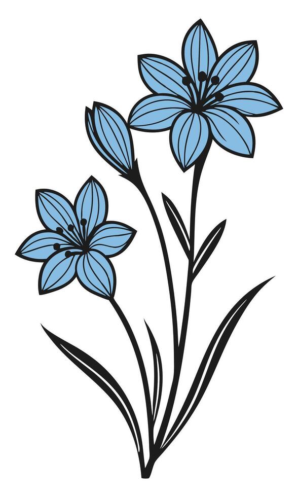 Delicate blue flowers with black outlines floral illustration vector