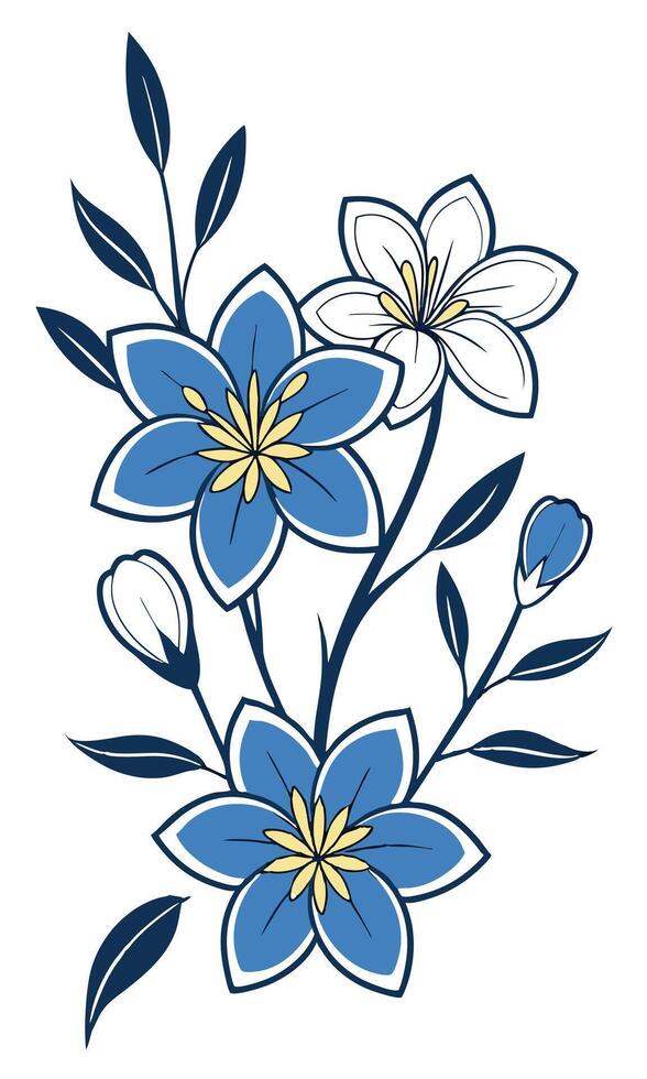 Stylized blue and white flowers with leaves floral vector