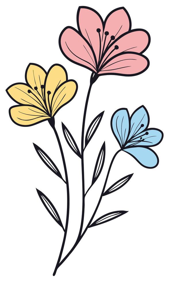 Delicate pink yellow blue floral illustration pink flower vector