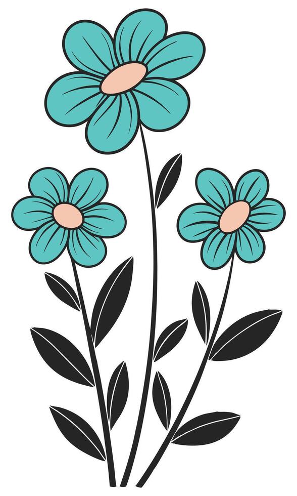 Turquoise flowers tan centers dark leaves stylized vector