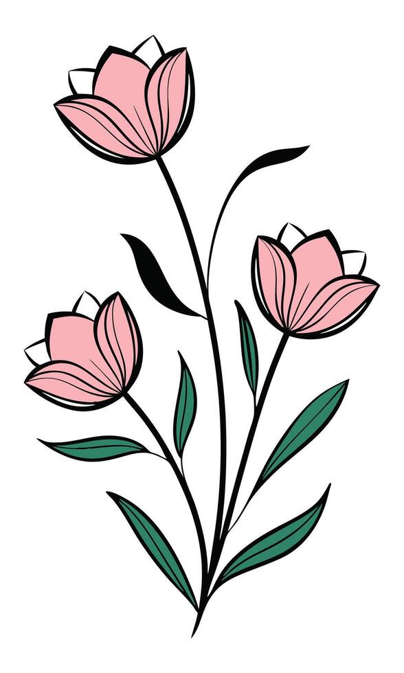 Pink floral stems with green leaves pink flowers botanical illustration vector