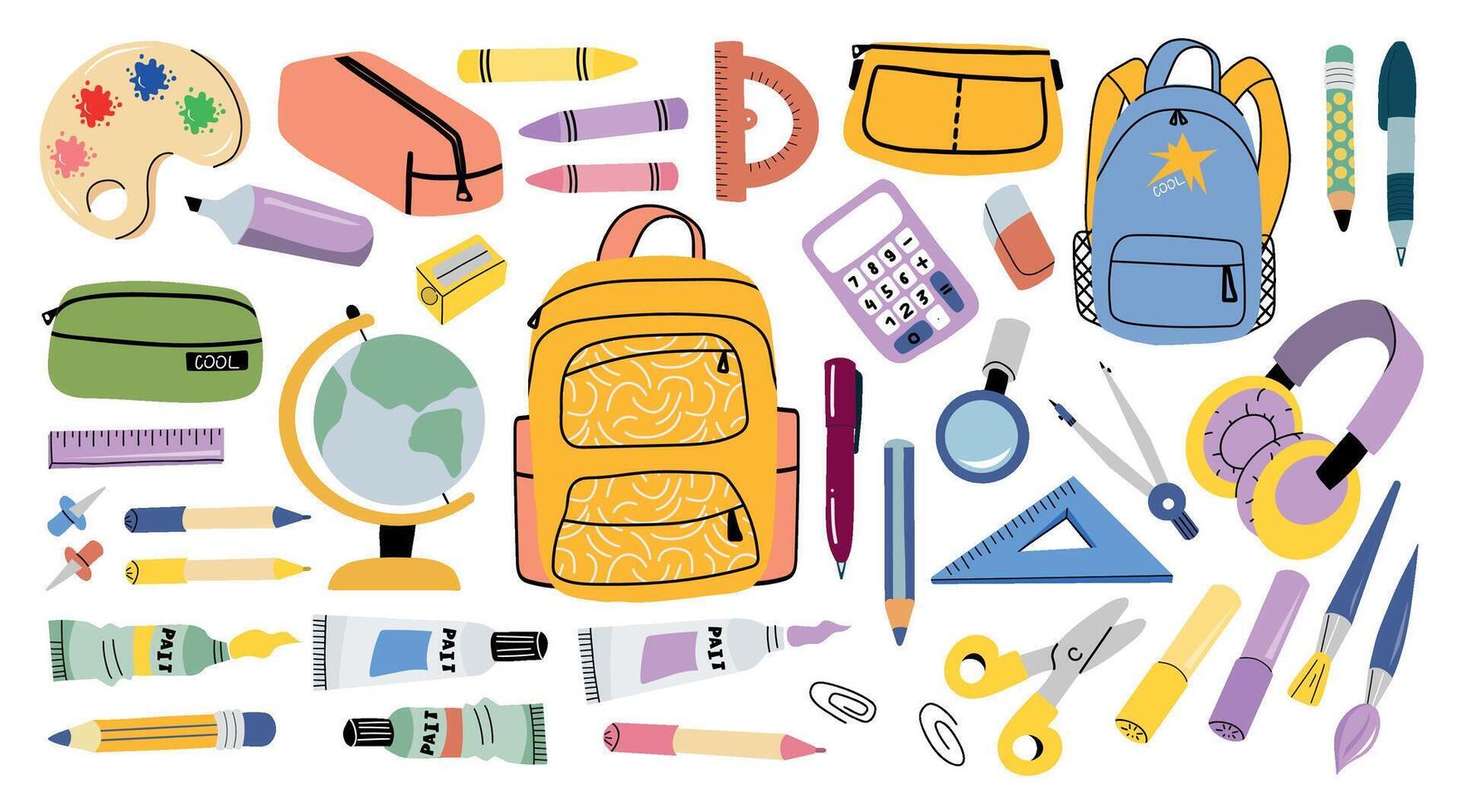 Colorful school supplies and backpacks illustration vector