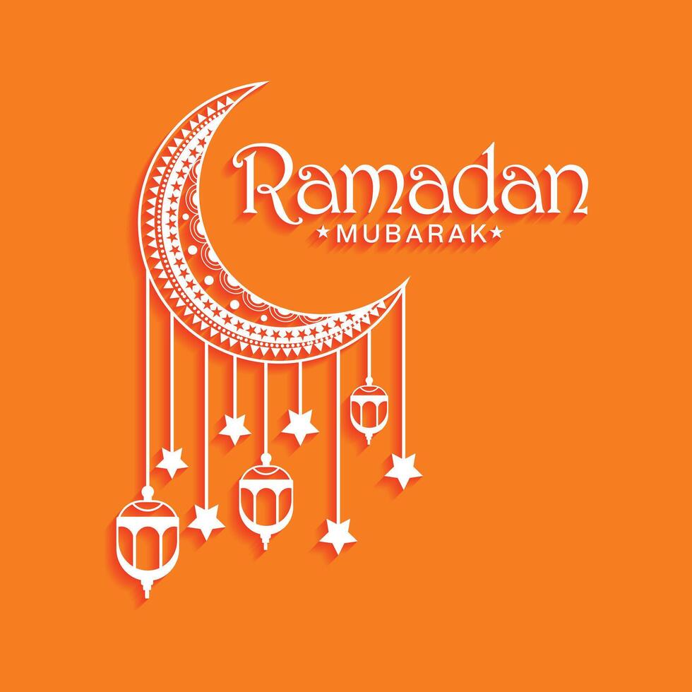 Ramadan Mubarak Text with Crescent Moon and Hanging Lanterns Design vector
