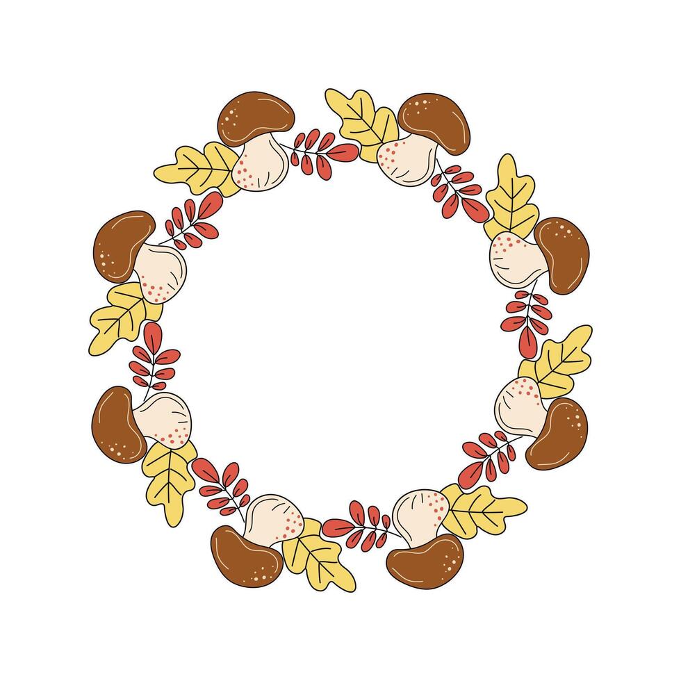 Autumn banner, round frame. Wreath with forest mushrooms. Fall leaves, oak leaf, rowan leaf, food. Hand drawn, doodle, drawing. Natural botanical background, postcard design, harvest festival. vector