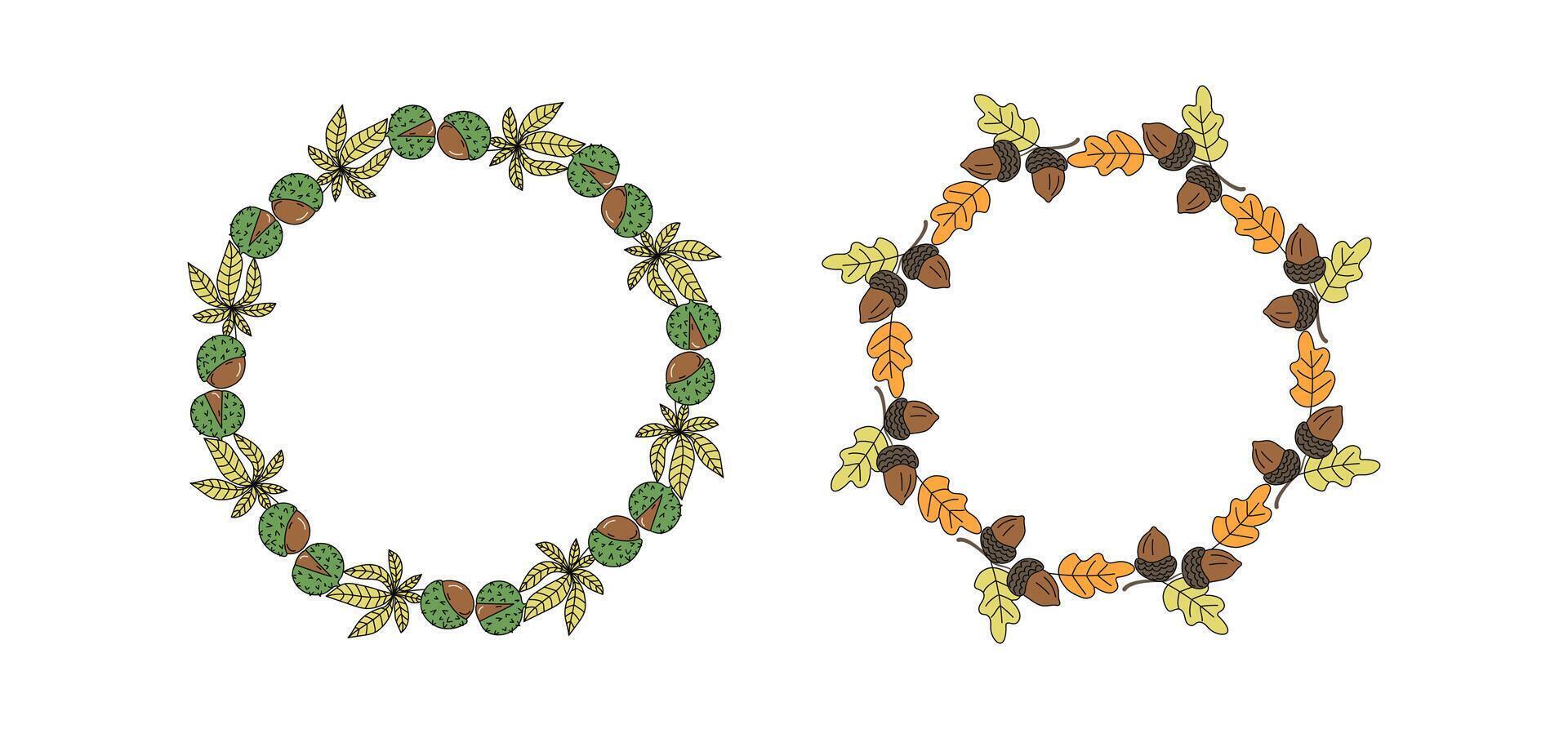 Autumn banner. Set, round frame. Wreath with oak leaves, acorns, chestnut, leaves. Leaf fall. Hand drawn, doodle, drawing. Natural botanical background, postcard design, harvest festival. vector