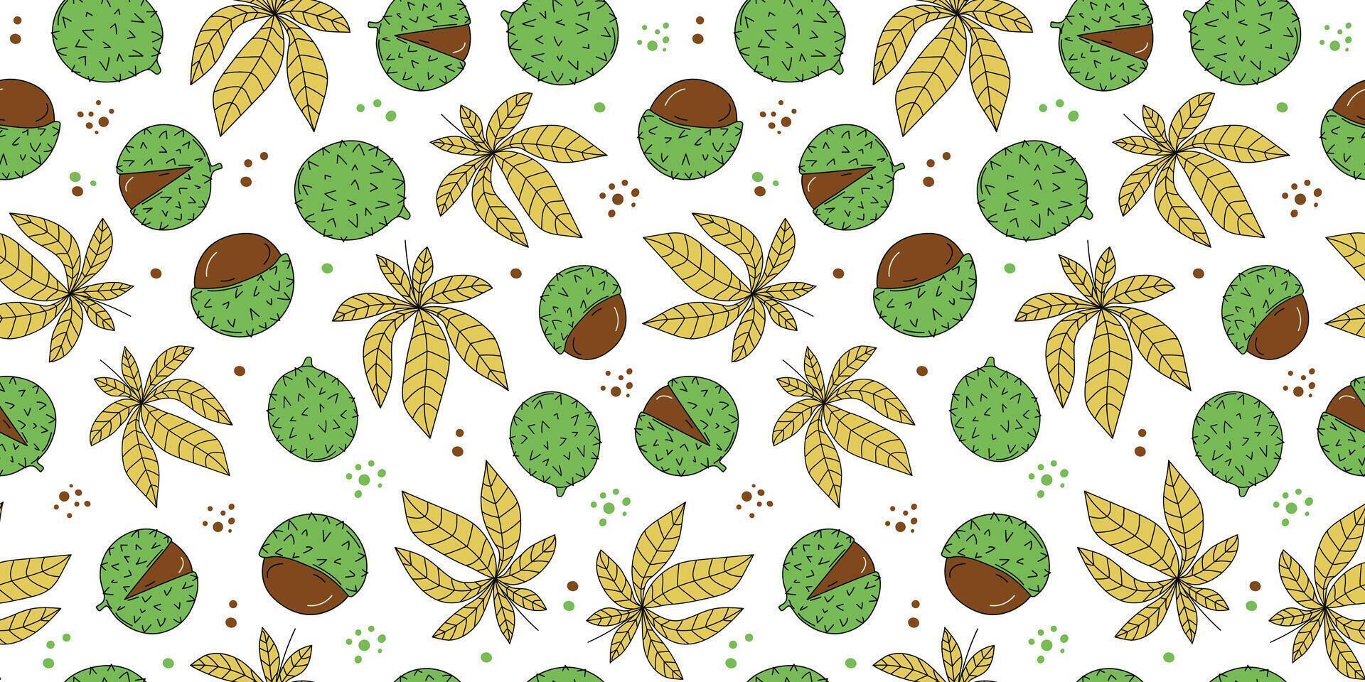 Pattern seamless chestnut, leaves. Chestnut fruit. Drawings, doodle. Hand drawn. Autumn leaf. Botanical, nature background, wallpaper. vector