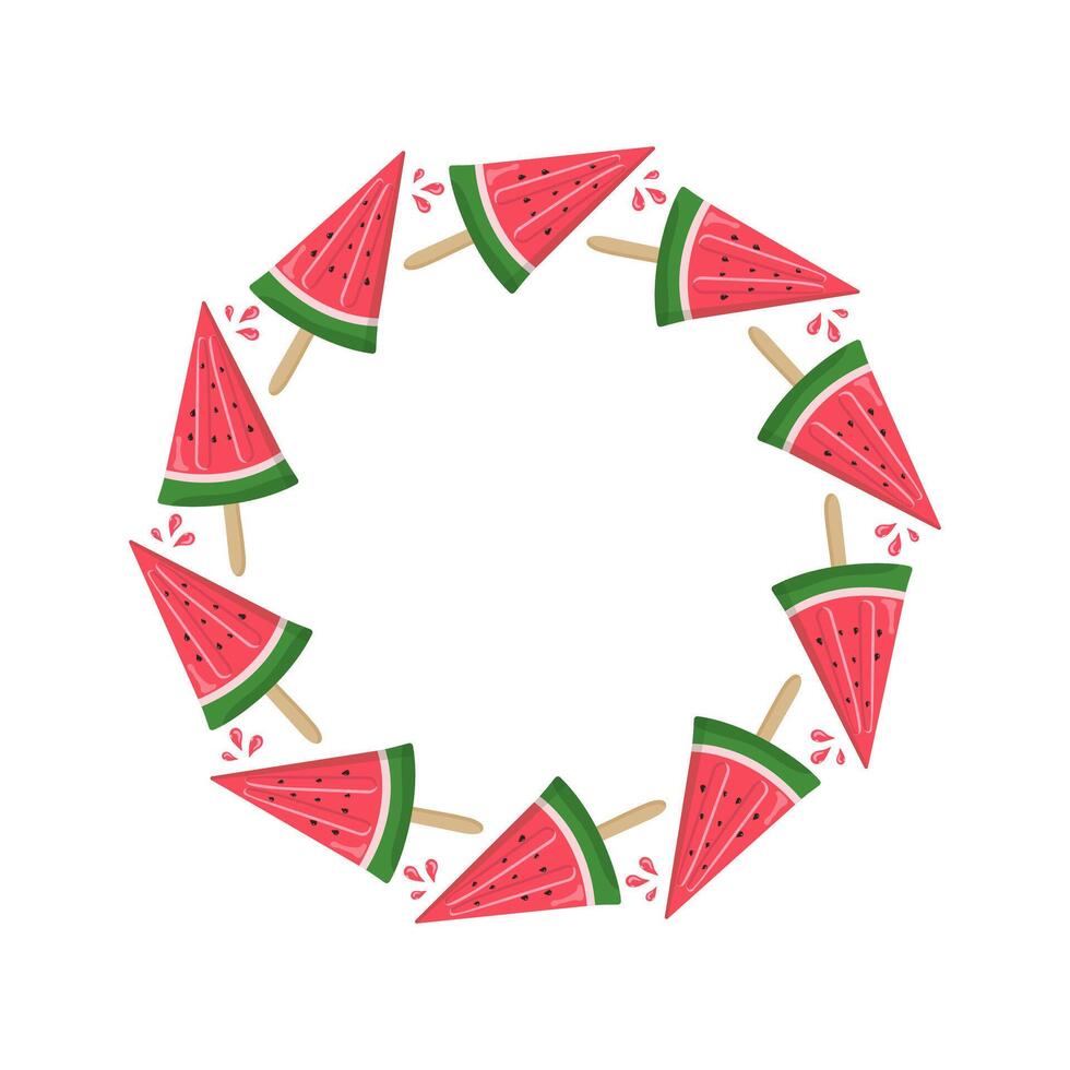 Watermelon ice cream. Poster, round frame with ice cream. World Watermelon Day, banner. Frozen juice, fruit ice. Illustration for poster design, banner, menu, bar, cafe, recipes, restaurant. vector